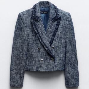 Zara Navy Tweed Double-Breasted Blazer